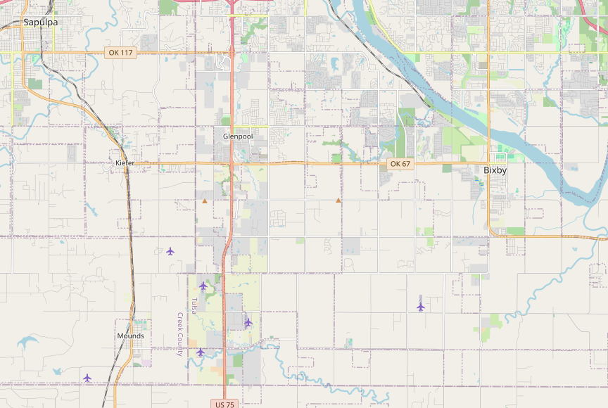 OpenStreetMap view centered on Glenpool and its surroundings, for orientation only